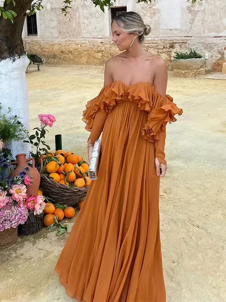 Romantic Off-the-Shoulder Long Sleeve Ruffled A-Line Floor Length Prom Dress