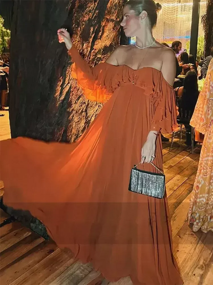 Romantic Off-the-Shoulder Long Sleeve Ruffled A-Line Floor Length Prom Dress