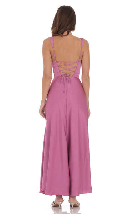 Romantic Orchid Pink Satin Plunge V-neck Wide Strap Lace-up Back Floor-length Evening Dresses