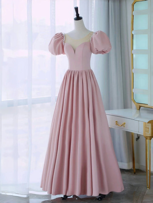 Romantic Pink Sweetheart Puff Sleeve Beaded Lace-Up Back Prom Dresses