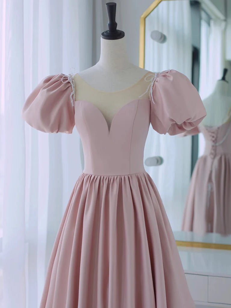 Romantic Pink Sweetheart Puff Sleeve Beaded Lace-Up Back Prom Dresses