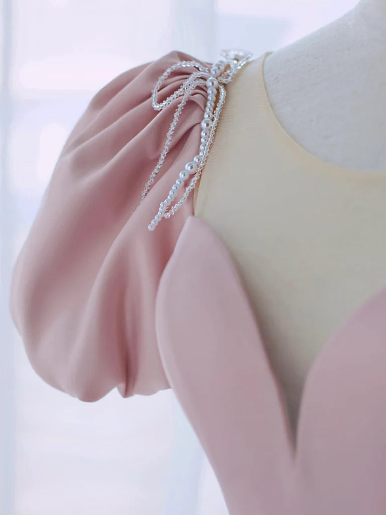 Romantic Pink Sweetheart Puff Sleeve Beaded Lace-Up Back Prom Dresses