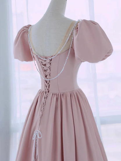 Romantic Pink Sweetheart Puff Sleeve Beaded Lace-Up Back Prom Dresses
