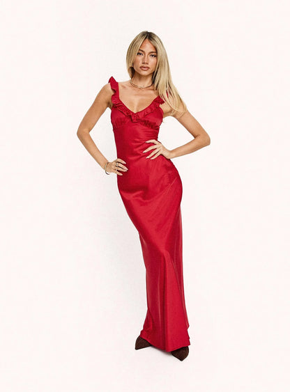 Romantic Ruffle Trim Sweetheart Neck Spaghetti Strap Satin Mermaid Evening Dress