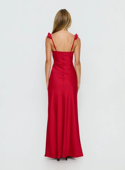 Romantic Ruffle Trim Sweetheart Neck Spaghetti Strap Satin Mermaid Evening Dress