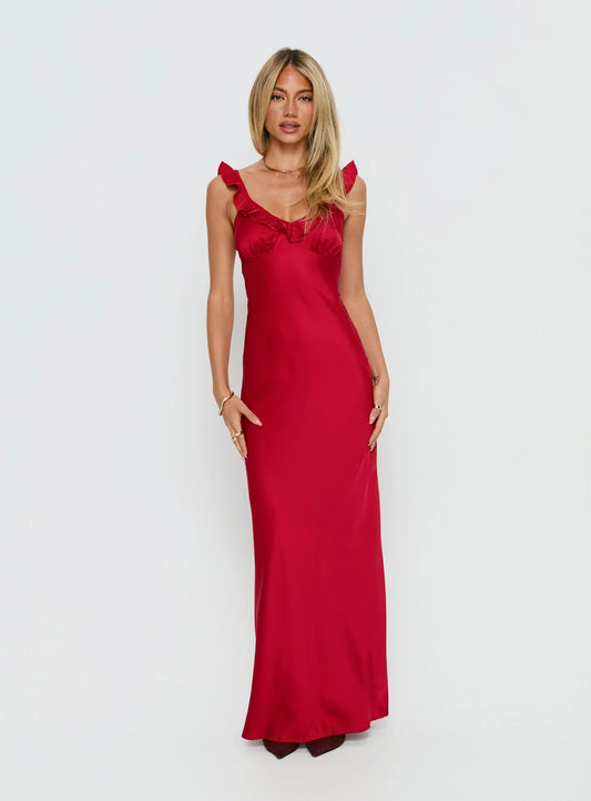 Romantic Ruffle Trim Sweetheart Neck Spaghetti Strap Satin Mermaid Evening Dress