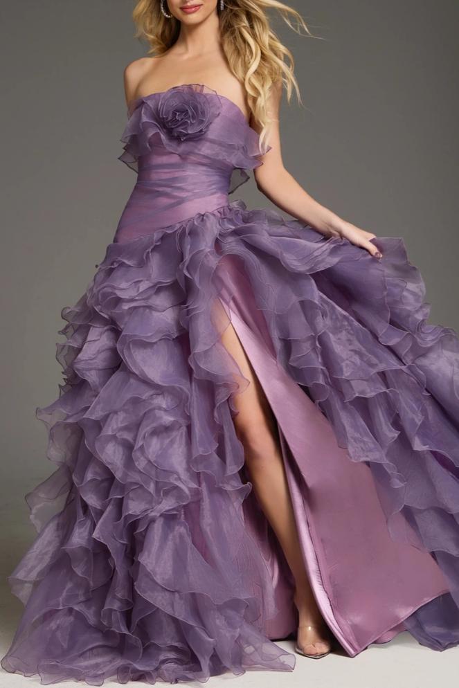 Romantic Ruffled Ball Gown Strapless Floral Applique Backless High Slit Floor-Length Evening Dress