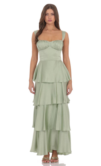 Romantic Sage Green Satin Sweetheart Neck Wide Strap Tie-back Bow Tiered Ruffled Floor-length Evening Dresses