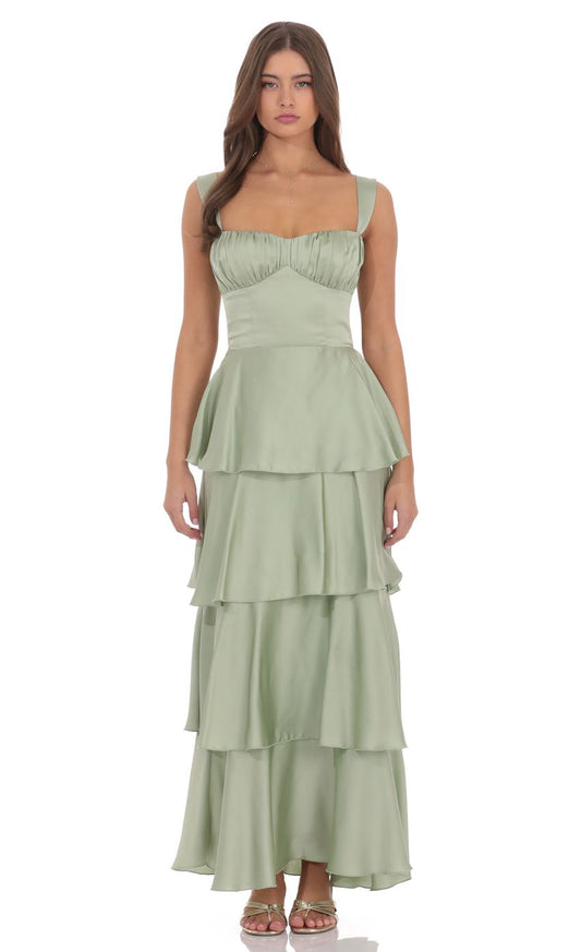 Romantic Sage Green Satin Sweetheart Neck Wide Strap Tie-back Bow Tiered Ruffled Floor-length Evening Dresses