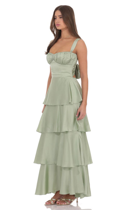 Romantic Sage Green Satin Sweetheart Neck Wide Strap Tie-back Bow Tiered Ruffled Floor-length Evening Dresses