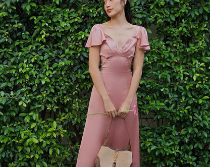 Romantic Satin Flutter Sleeve Lace-Up Back Midi Dress with Sweetheart Neckline