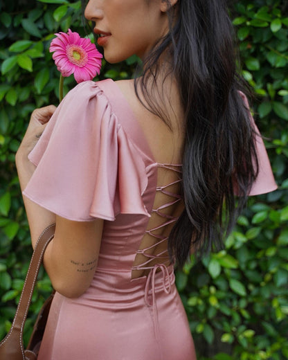 Romantic Satin Flutter Sleeve Lace-Up Back Midi Dress with Sweetheart Neckline