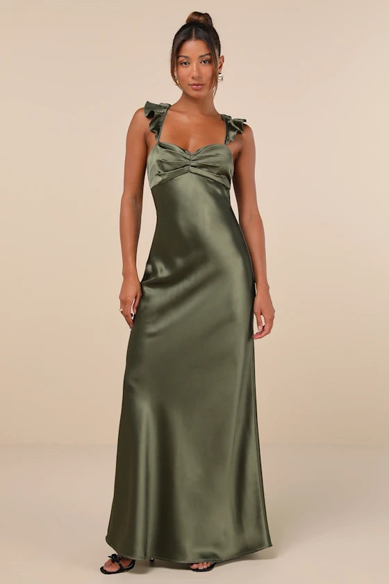 Romantic Satin Ruffled Evening Dresses with Sweetheart Neck, Crisscross Tie Back and Floor-Length Formal Gown