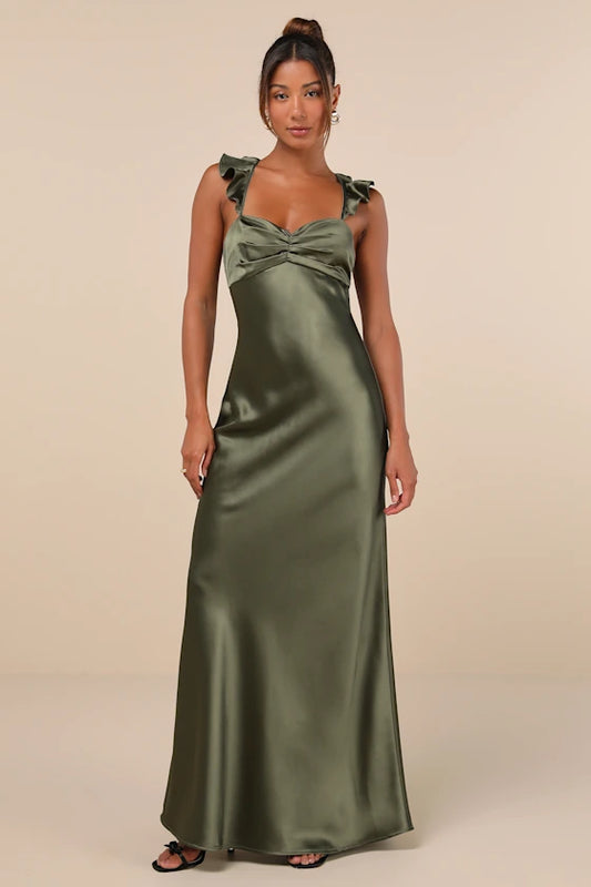 Romantic Satin Ruffled Evening Dresses with Sweetheart Neck, Crisscross Tie Back and Floor-Length Formal Gown