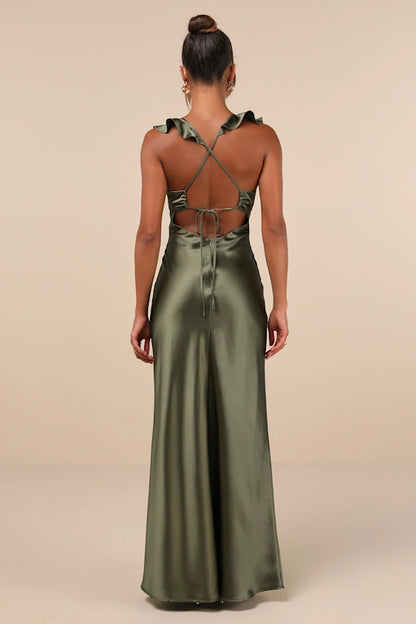 Romantic Satin Ruffled Evening Dresses with Sweetheart Neck, Crisscross Tie Back and Floor-Length Formal Gown
