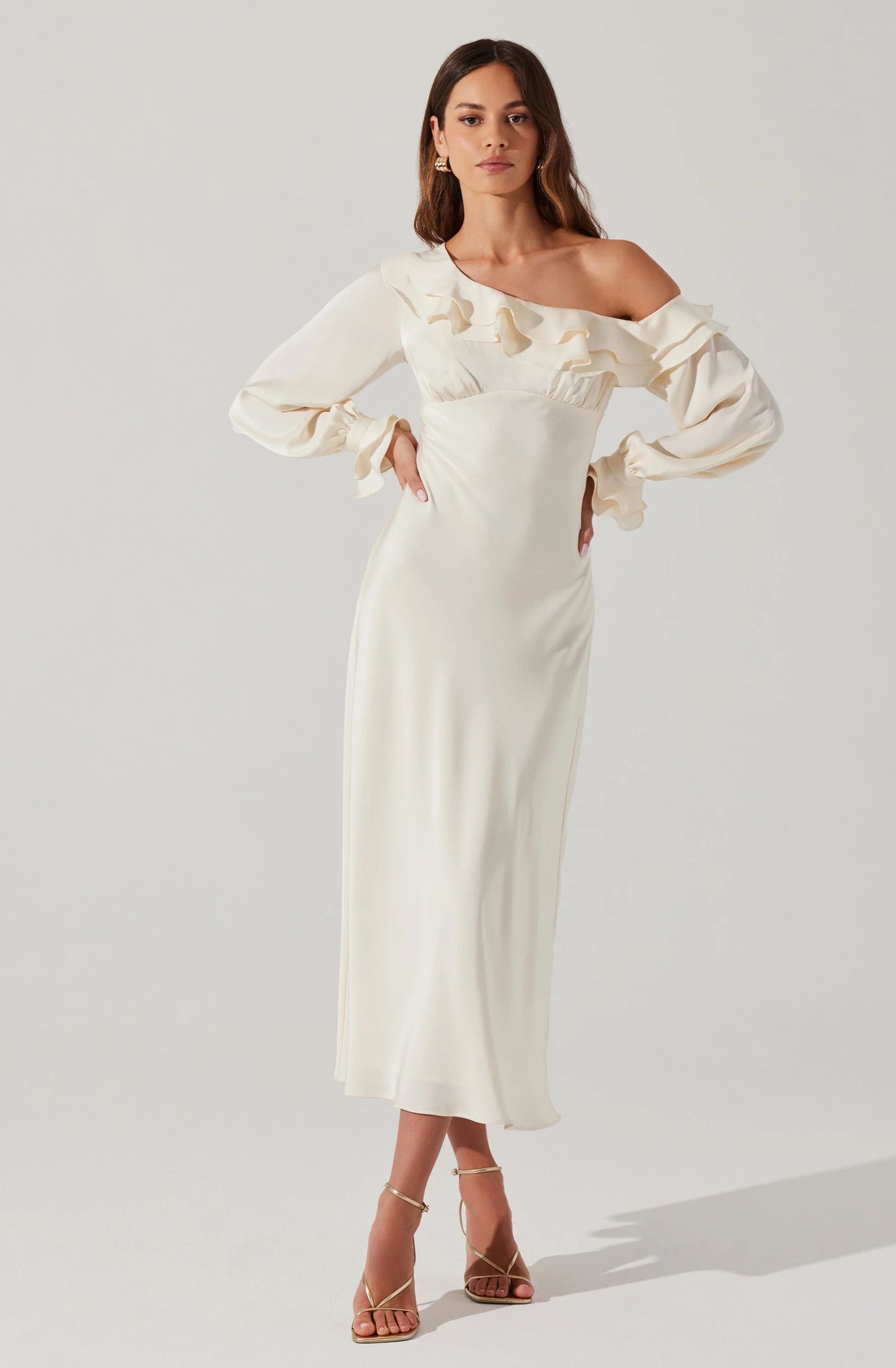 Romantic Satin Sheath One-Shoulder Long-Sleeve Ruffle Open-Back Midi Evening Dresses