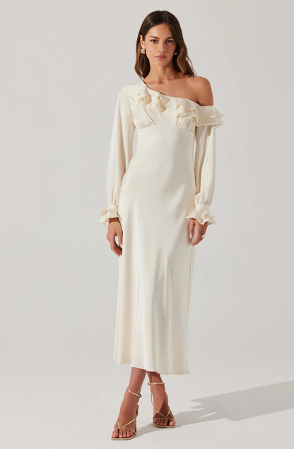 Romantic Satin Sheath One-Shoulder Long-Sleeve Ruffle Open-Back Midi Evening Dresses