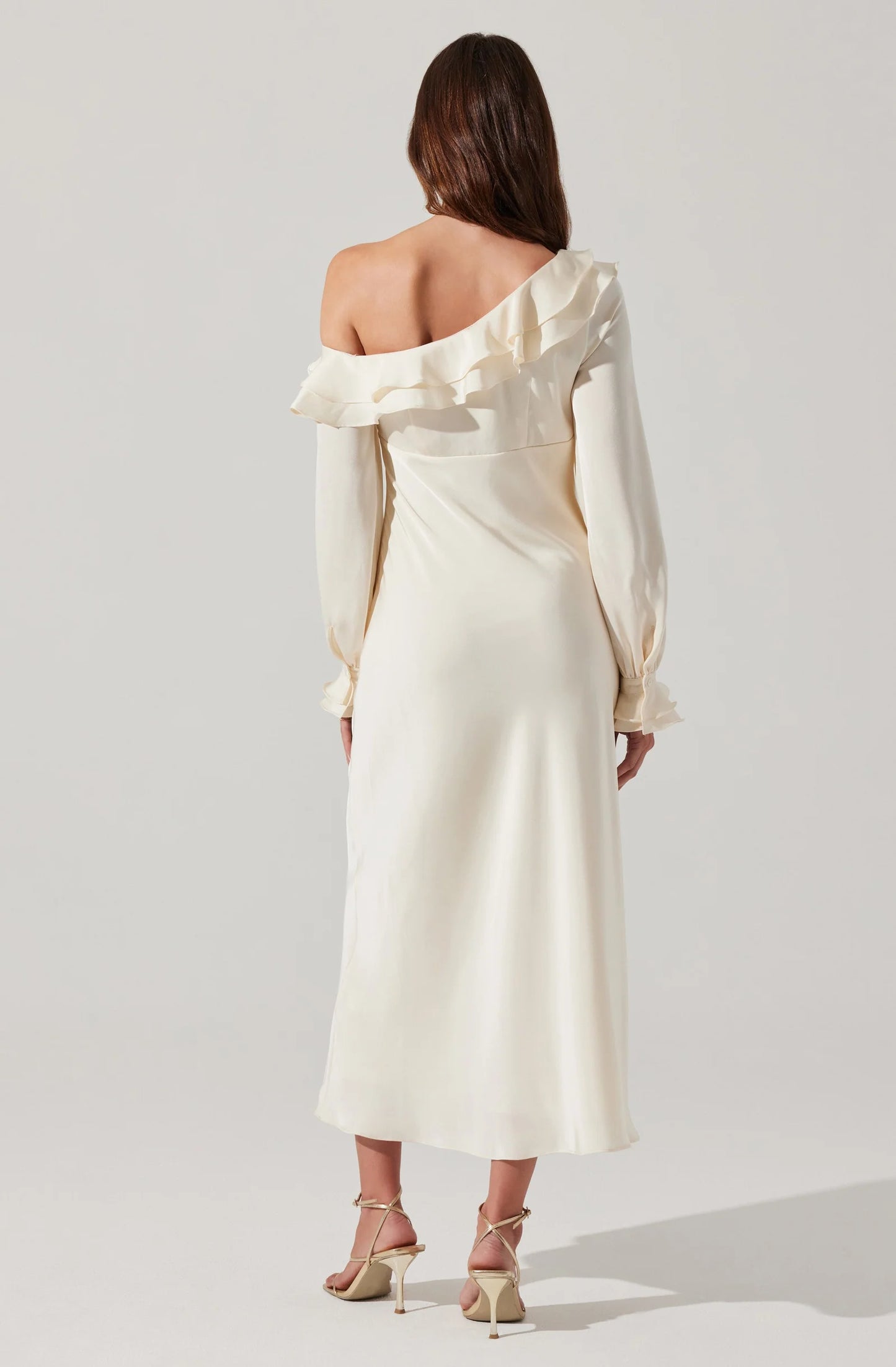 Romantic Satin Sheath One-Shoulder Long-Sleeve Ruffle Open-Back Midi Evening Dresses