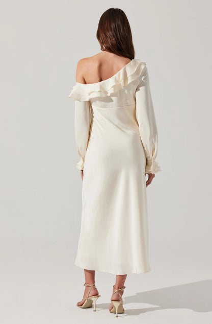 Romantic Satin Sheath One-Shoulder Long-Sleeve Ruffle Open-Back Midi Evening Dresses