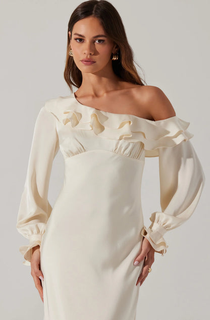 Romantic Satin Sheath One-Shoulder Long-Sleeve Ruffle Open-Back Midi Evening Dresses