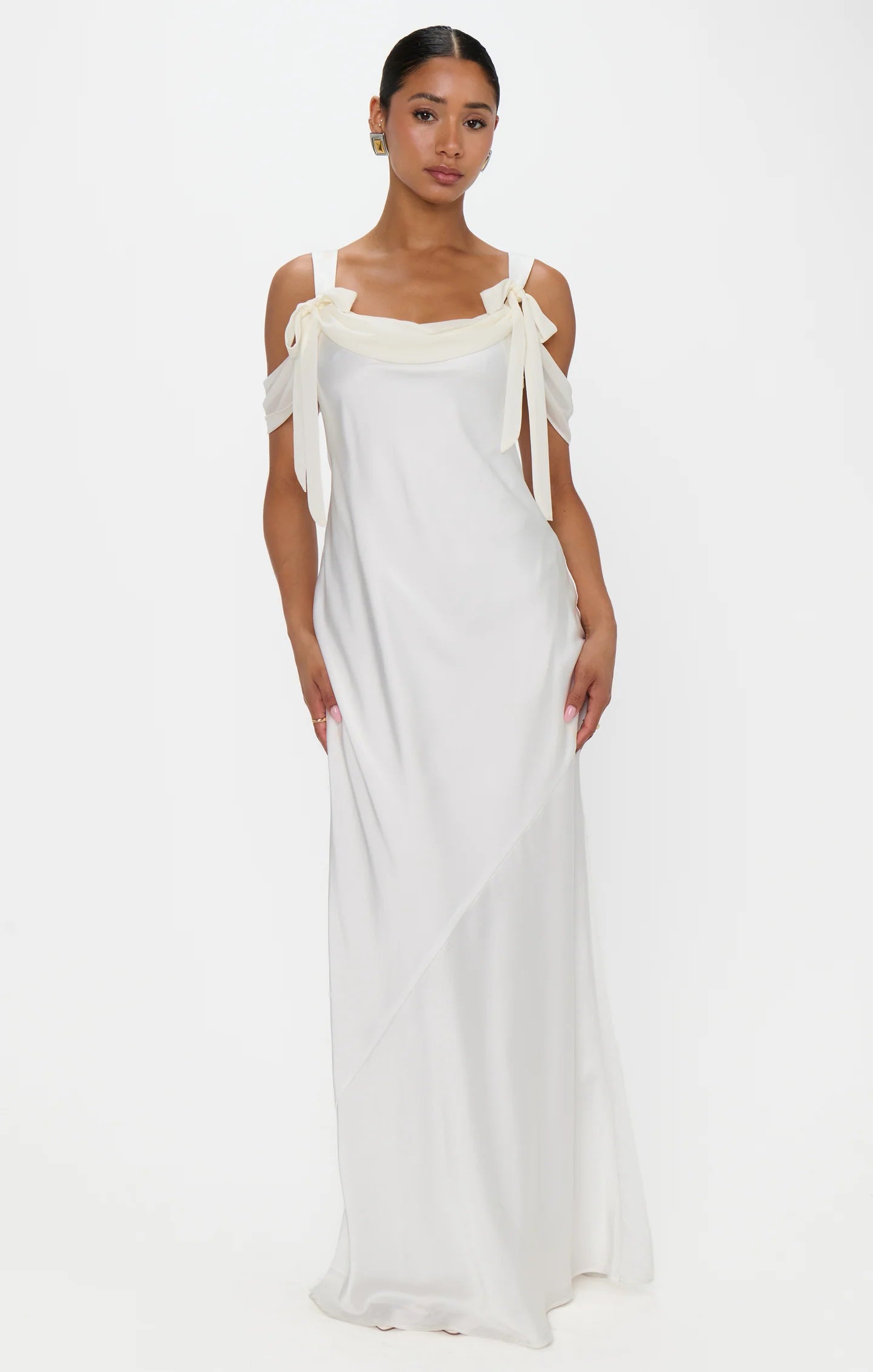 Romantic Satin Sheath Square Neck Cold Shoulder Bow Floor Length Bridal Evening Dress