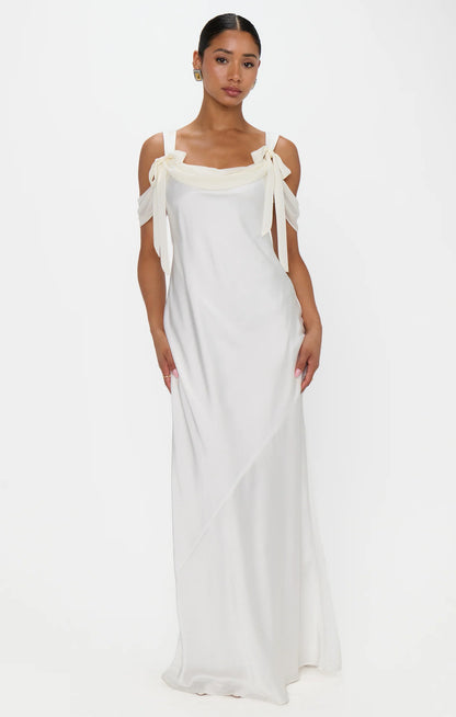 Romantic Satin Sheath Square Neck Cold Shoulder Bow Floor Length Bridal Evening Dress