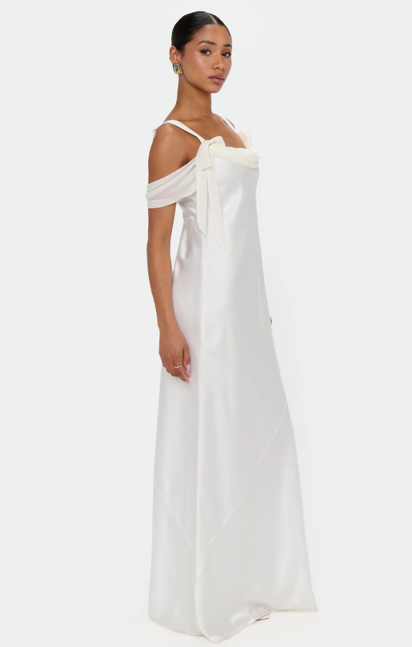 Romantic Satin Sheath Square Neck Cold Shoulder Bow Floor Length Bridal Evening Dress