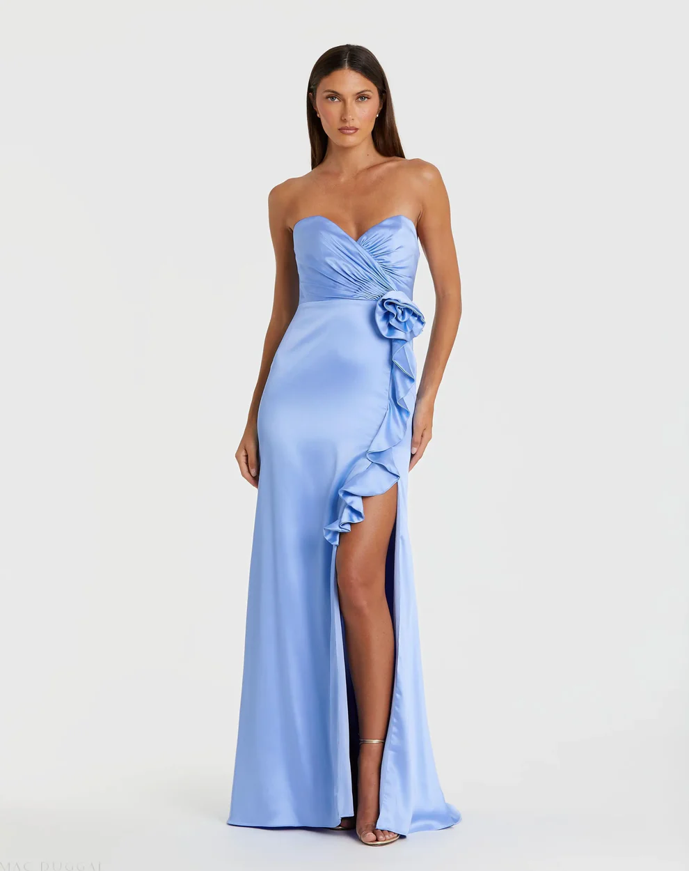 Romantic Satin Sheath Strapless Sweetheart Neck Floral Applique Ruffle Slit Floor-Length Evening Dress for Formal Events