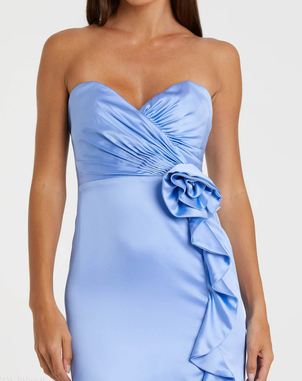 Romantic Satin Sheath Strapless Sweetheart Neck Floral Applique Ruffle Slit Floor-Length Evening Dress for Formal Events