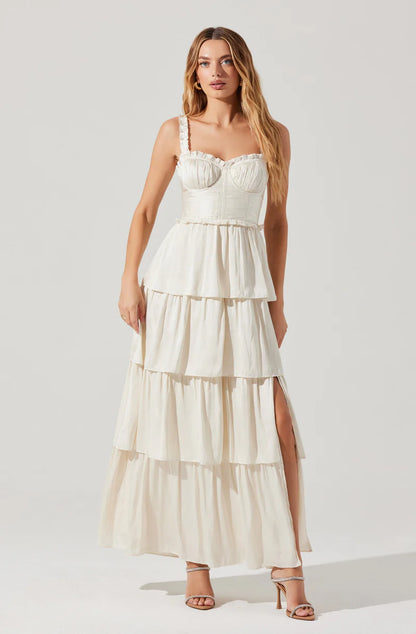 Romantic Satin Tiered Corset Spaghetti-Strap Back-Zip Ruffle Maxi Evening Dresses