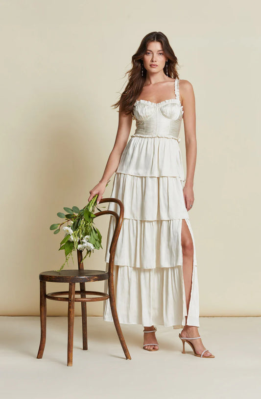 Romantic Satin Tiered Corset Spaghetti-Strap Back-Zip Ruffle Maxi Evening Dresses