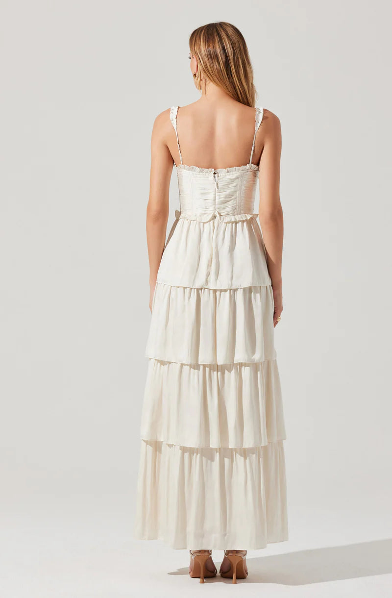 Romantic Satin Tiered Corset Spaghetti-Strap Back-Zip Ruffle Maxi Evening Dresses