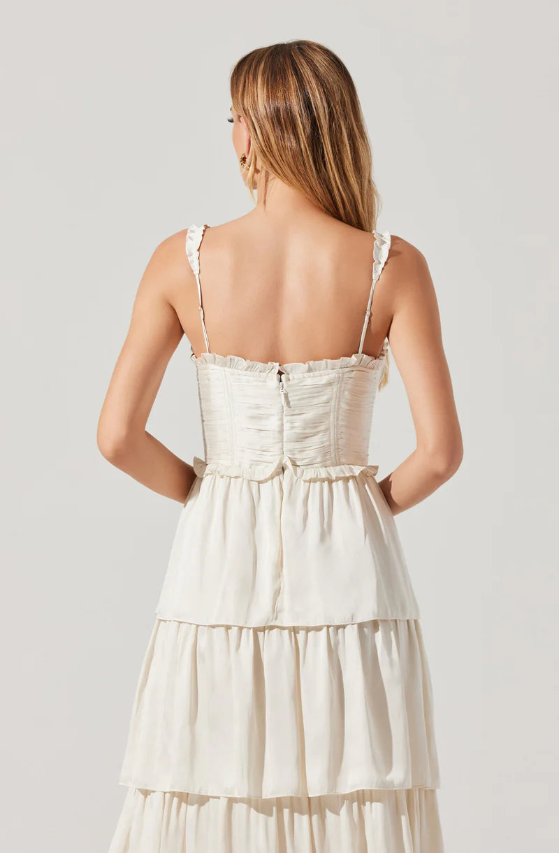 Romantic Satin Tiered Corset Spaghetti-Strap Back-Zip Ruffle Maxi Evening Dresses