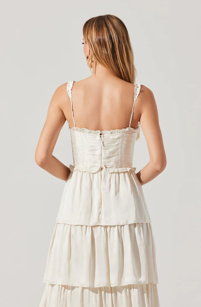 Romantic Satin Tiered Corset Spaghetti-Strap Back-Zip Ruffle Maxi Evening Dresses
