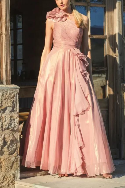 Romantic Shimmer Chiffon One-Shoulder 3D Floral Ruffle Floor-Length Evening Dress