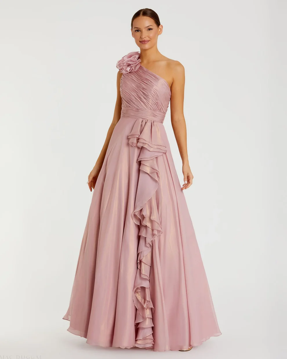 Romantic Shimmer Chiffon One-Shoulder 3D Floral Ruffle Floor-Length Evening Dress