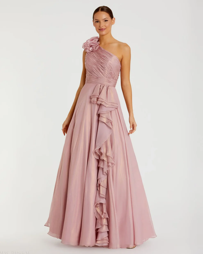 Romantic Shimmer Chiffon One-Shoulder 3D Floral Ruffle Floor-Length Evening Dress