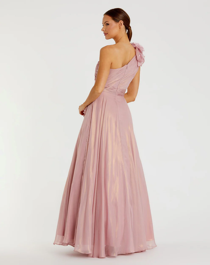 Romantic Shimmer Chiffon One-Shoulder 3D Floral Ruffle Floor-Length Evening Dress