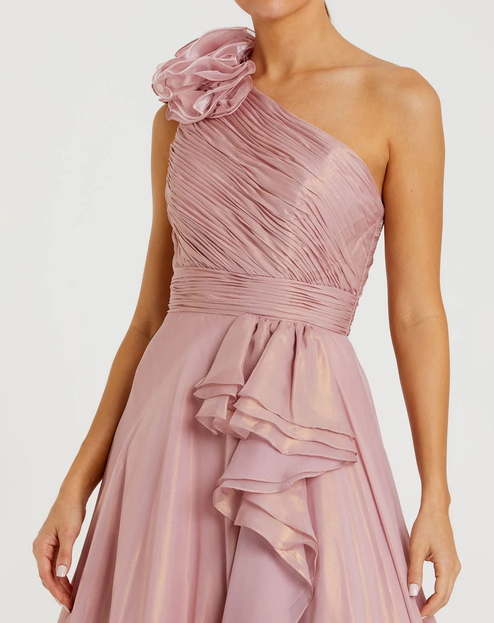 Romantic Shimmer Chiffon One-Shoulder 3D Floral Ruffle Floor-Length Evening Dress