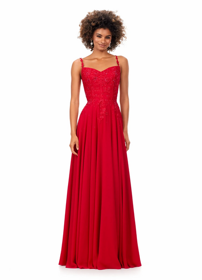 Romantic Spaghetti Strap Lace Beaded Chiffon A Line Prom Dress