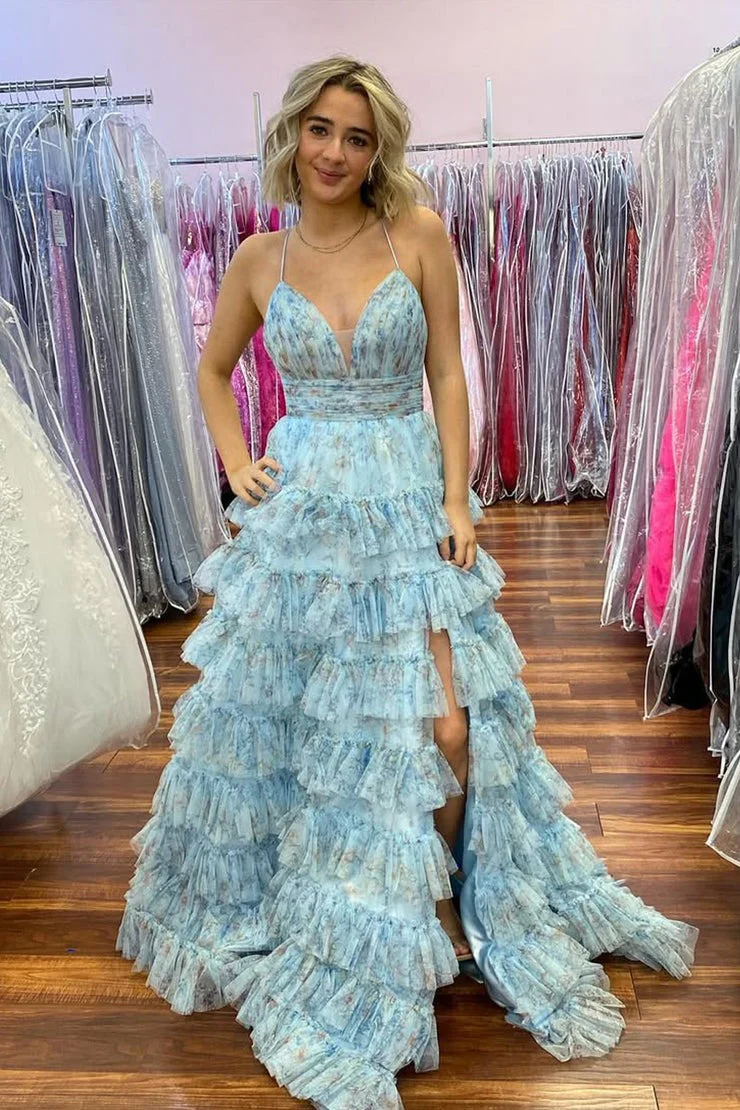 Romantic Spaghetti Strap Tiered Tulle Prom Dress with Floral Print and High Slit