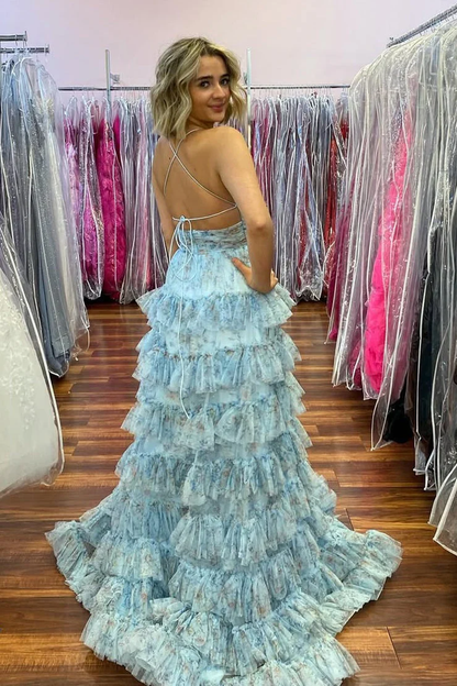 Romantic Spaghetti Strap Tiered Tulle Prom Dress with Floral Print and High Slit