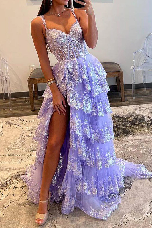 Romantic Spaghetti Strap Tiered Tulle Prom Dress with Sequin Lace Bodice and High Slit