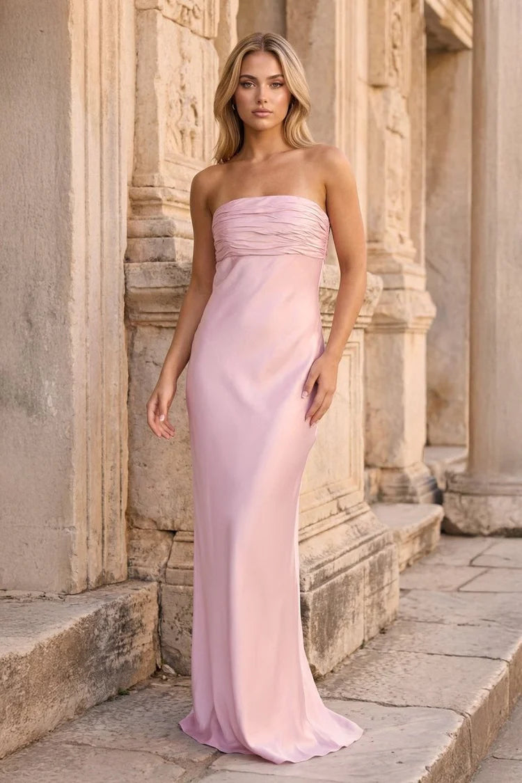 Romantic Strapless Ruched Satin Mermaid Evening Dress with Crisscross Lace-Up Back in Blush Pink