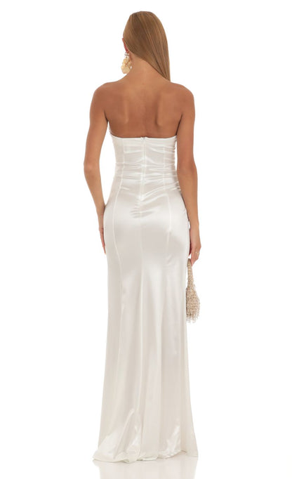 Romantic Strapless Ruffle-Trim Ivory Satin Evening Dress with High Thigh Slit & Mermaid Hem