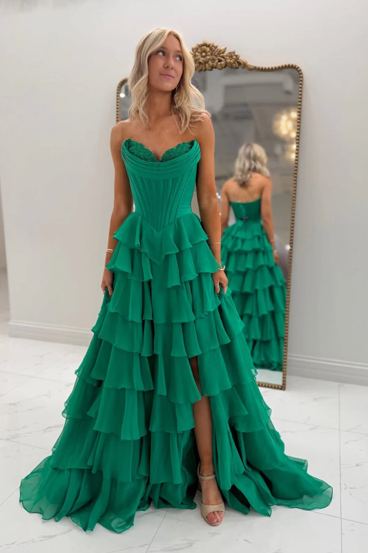 Romantic Strapless Sweetheart Neck Lace Corset Bodice Tiered Ruffle High Slit Train Prom Dress