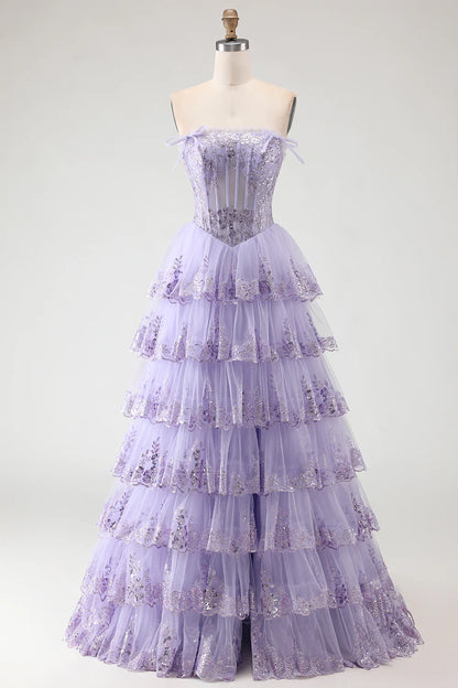 Romantic Strapless Tiered Tulle Prom Dress with Sequin Lace Embroidery and Bow Details