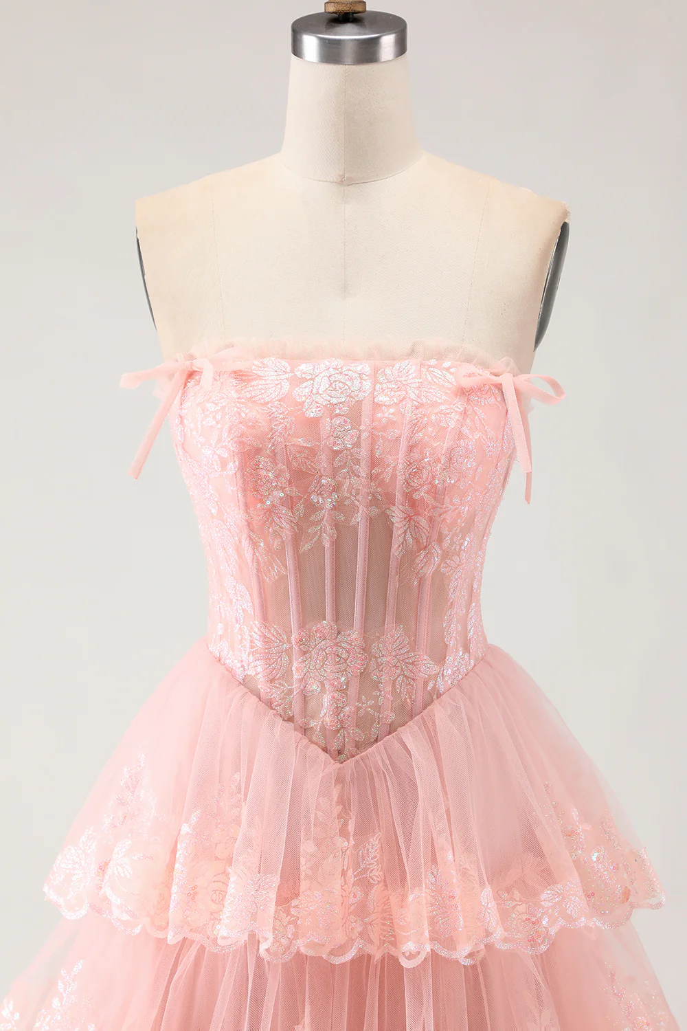 Romantic Strapless Tiered Tulle Prom Dress with Sequin Lace Embroidery and Bow Details