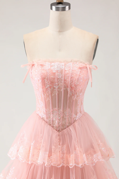 Romantic Strapless Tiered Tulle Prom Dress with Sequin Lace Embroidery and Bow Details