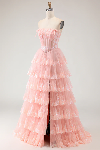 Romantic Strapless Tiered Tulle Prom Dress with Sequin Lace Embroidery and Bow Details